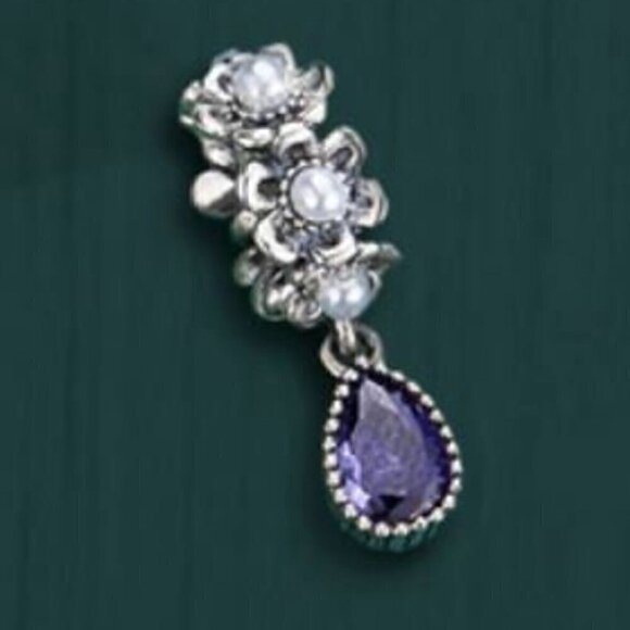 Sterling Silver Purple Crystal Teardrop and Pearls Dangle - Picture 5 of 5